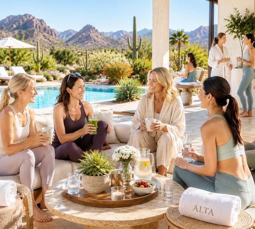 Women socializing on a patio by a pool in a desert setting