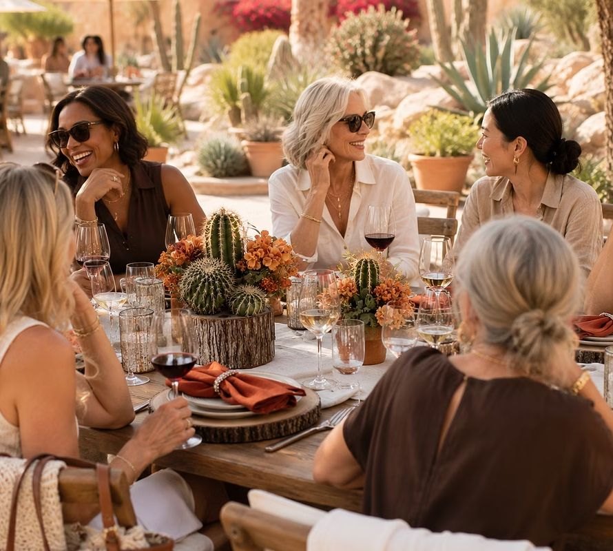 Women dining outdoors at a table with cacti centerpieces