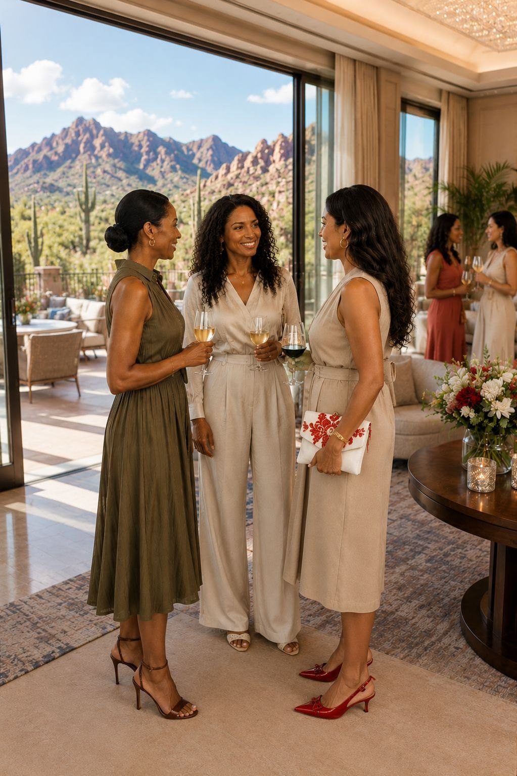 Women talking in a lounge with mountain views