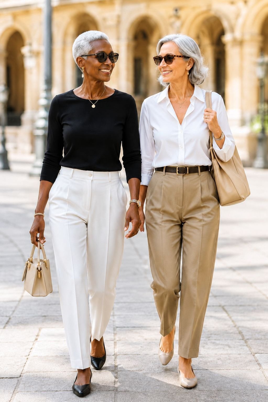 Two women walking and talking outdoors