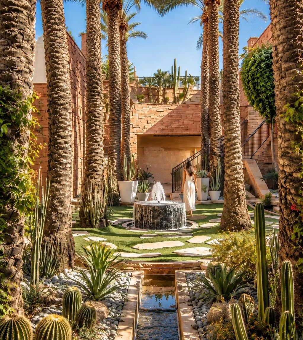 Desert courtyard with palm trees and a fountain at the Fairmont Scottsdale Princess