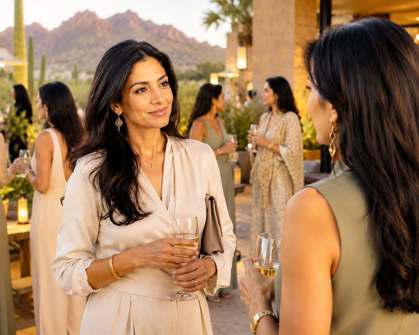 Women talking on a terrace with a mountain view