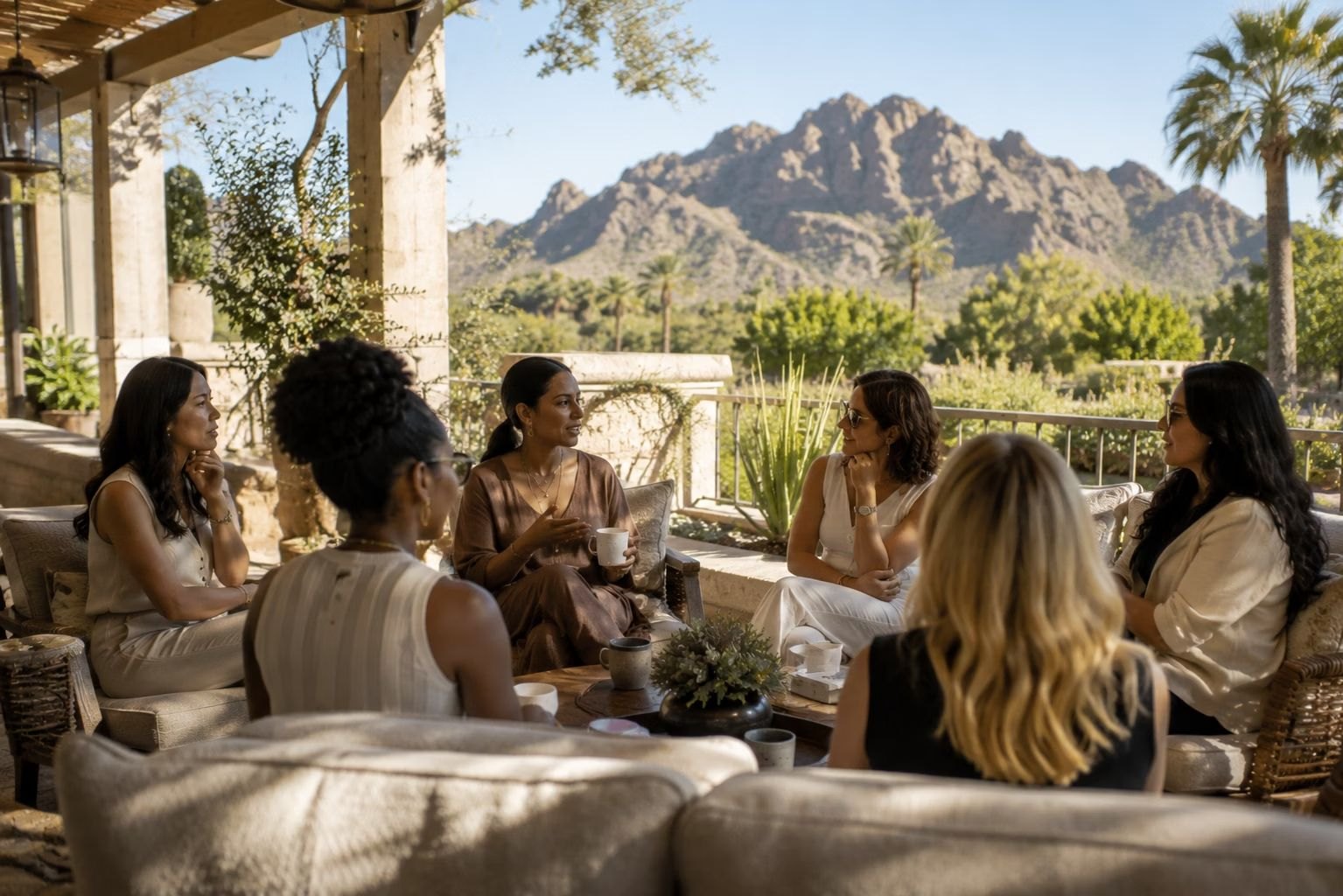 Women gathered on a desert terrace with mountain views in Scottsdale